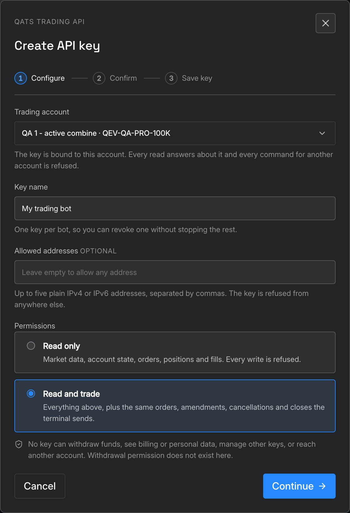 QATS Create API key dialog: account, name, allowed addresses and permissions
