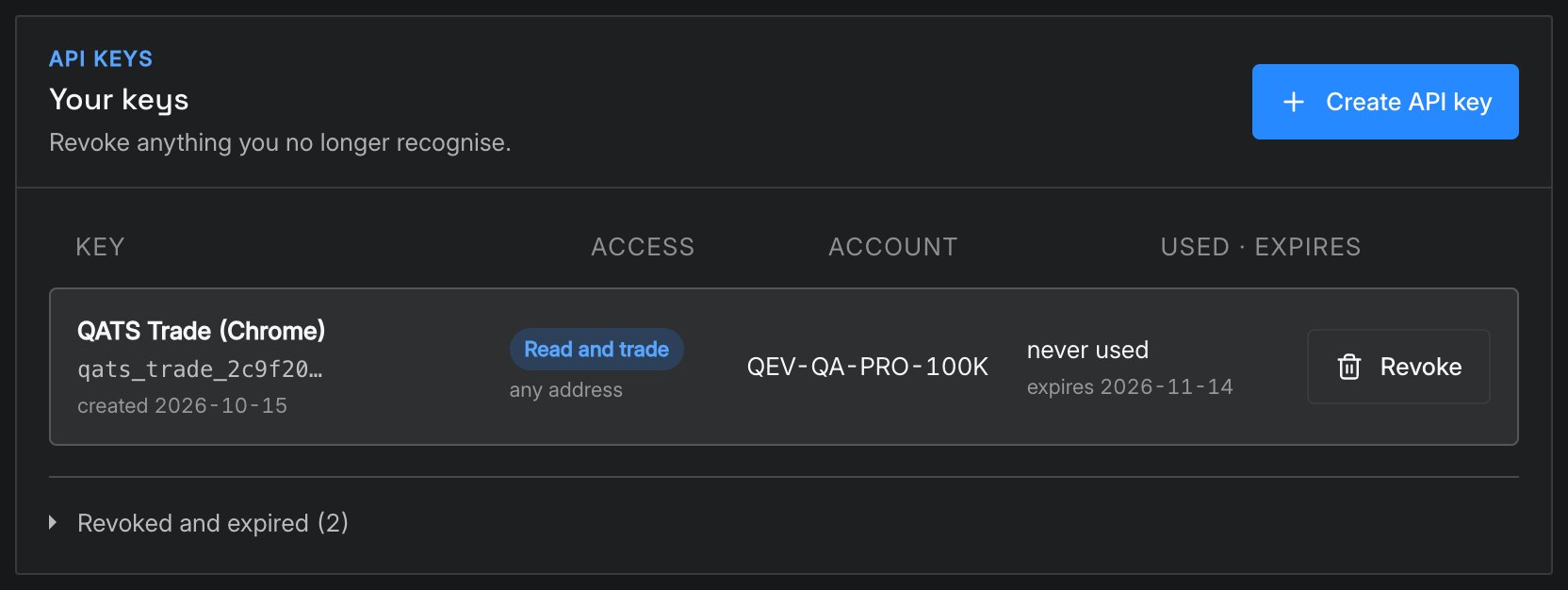 Create and protect an API key: QATS screenshot