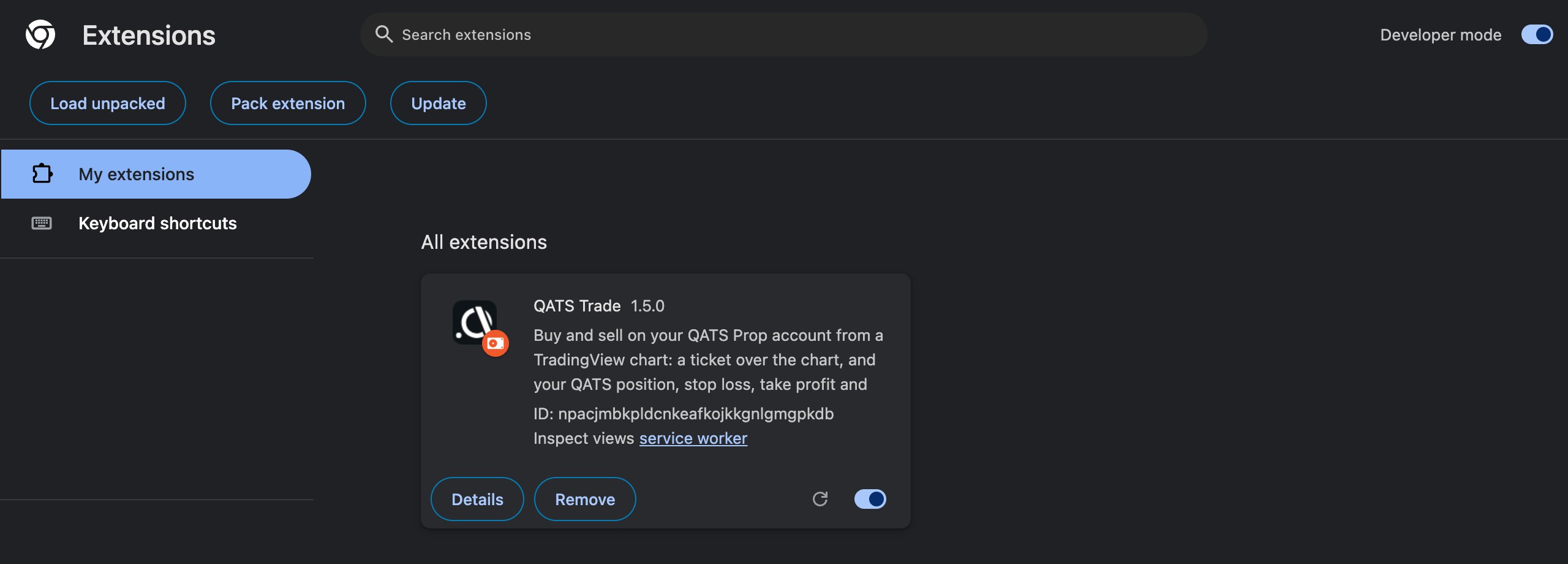 Chrome Extensions page with Developer mode on and QATS Trade loaded