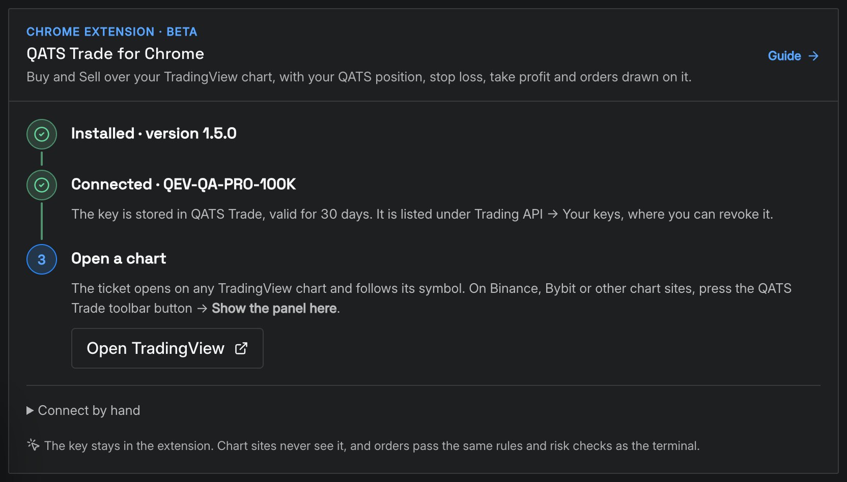 QATS Trade connected to an account, with Open TradingView