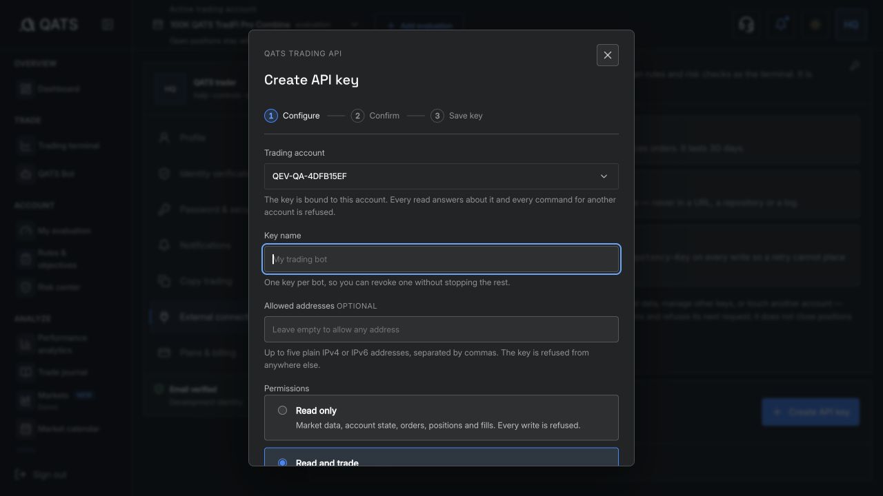 QATS API key Configure step with account, name and address restriction