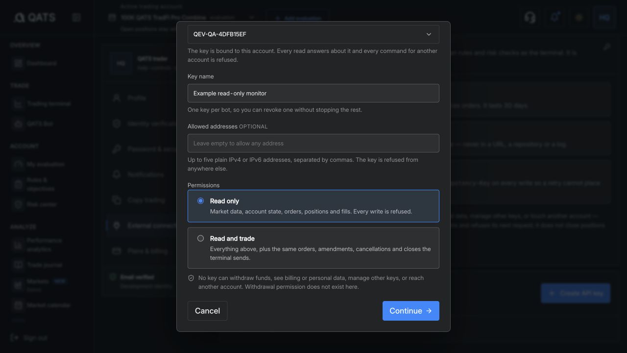 QATS API key Read only and Read and trade permissions