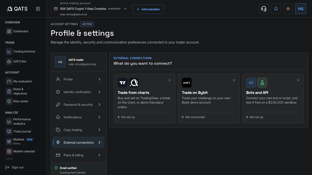 Review connected browsers, keys and webhooks: QATS screenshot