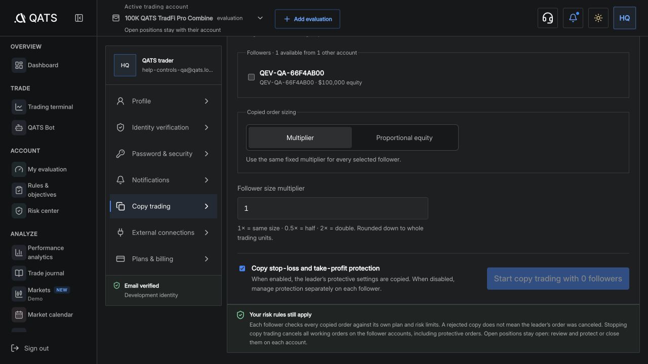 QATS follower sizing and stop-loss copy setting