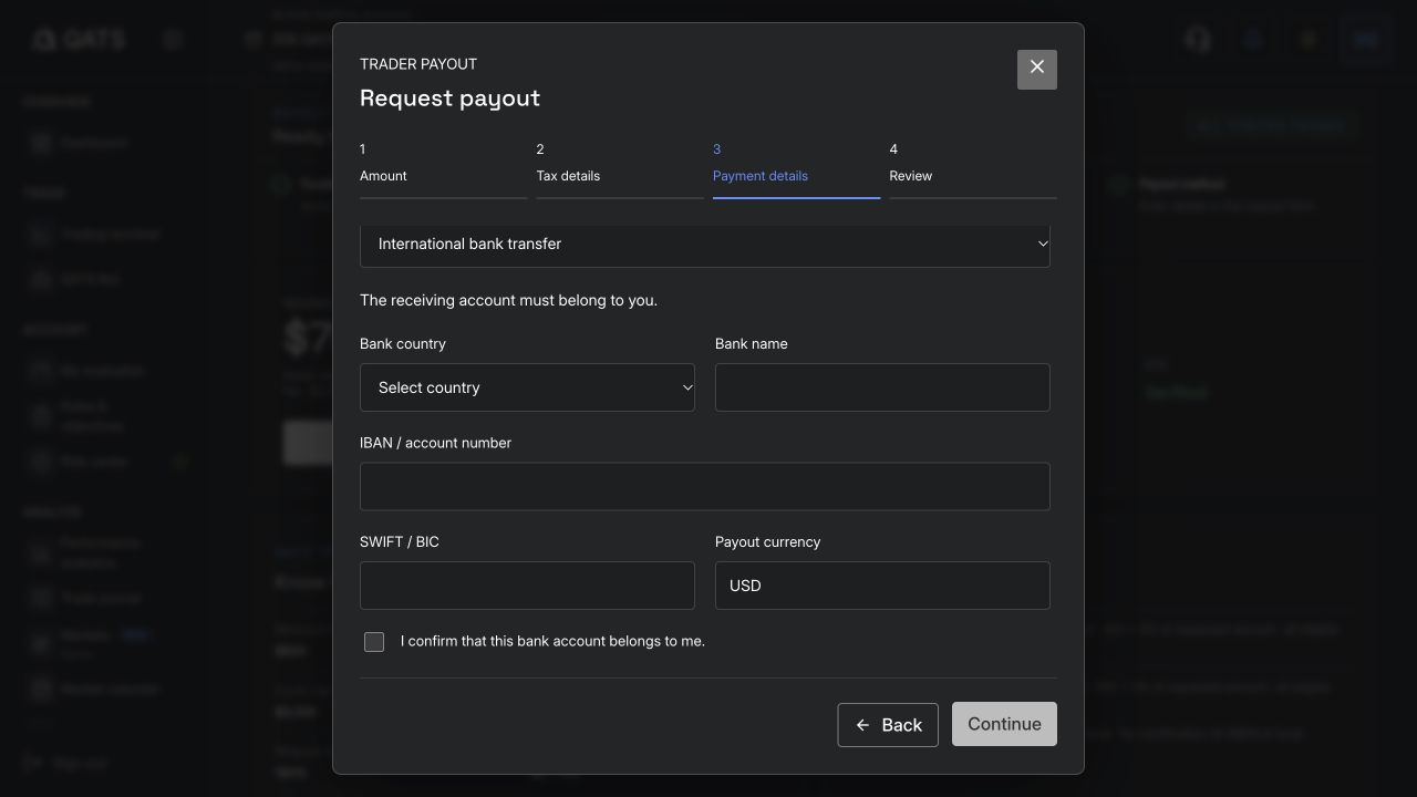 QATS bank-transfer payment details with empty recipient fields
