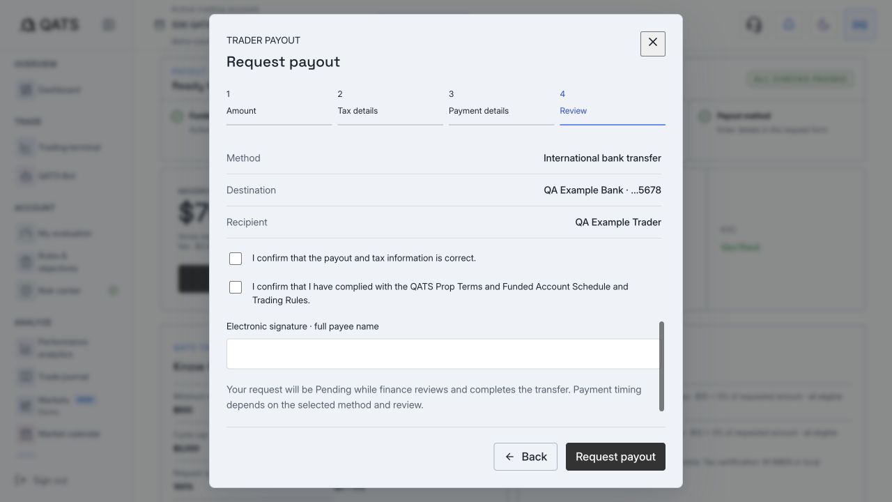 QATS final payout review with a fictional recipient and unsigned confirmation