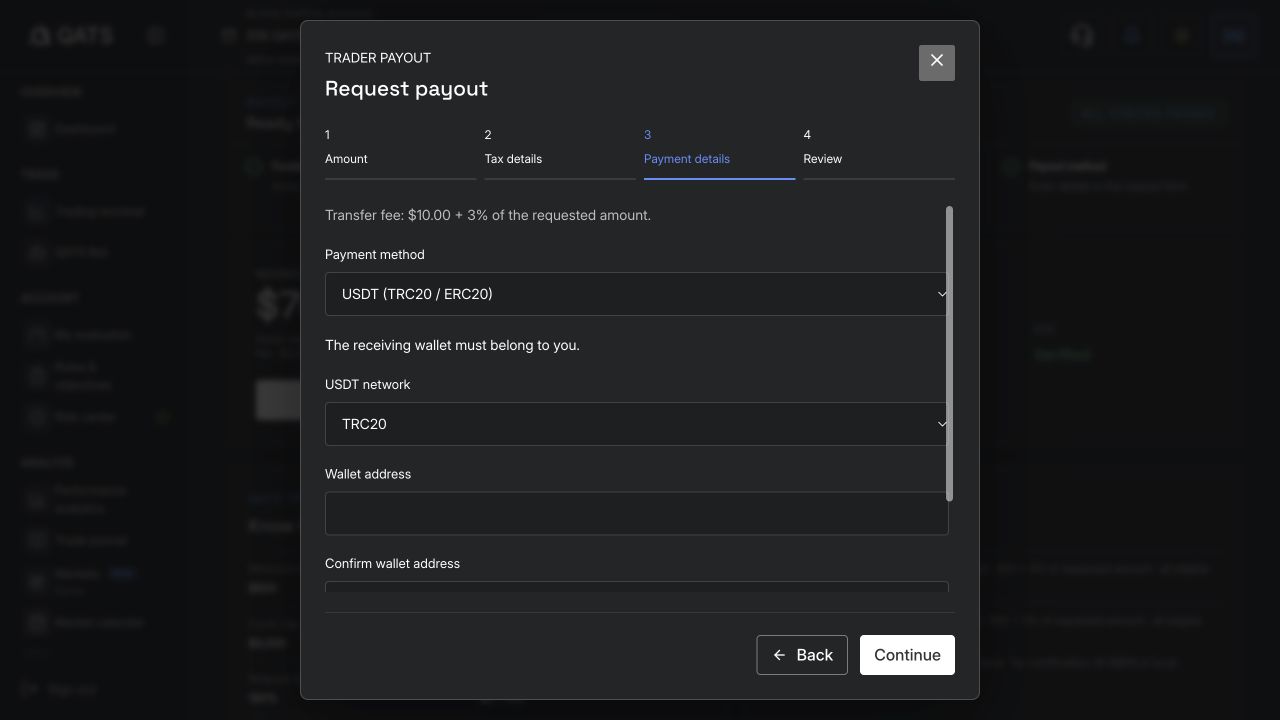 QATS USDT payment details with network and empty wallet fields