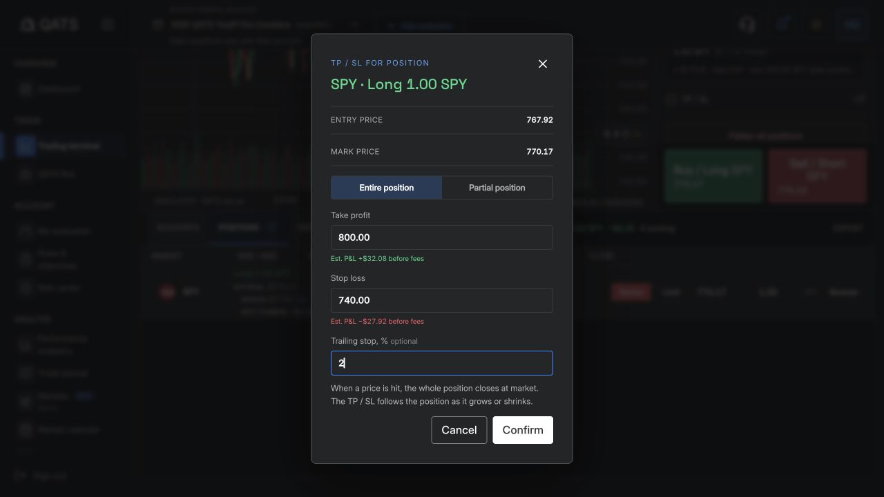 Add a trailing stop: QATS screenshot