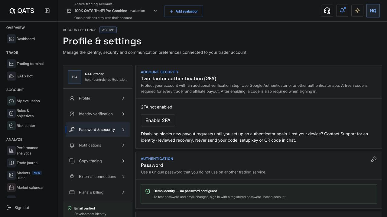 QATS Password and security page with authenticator status