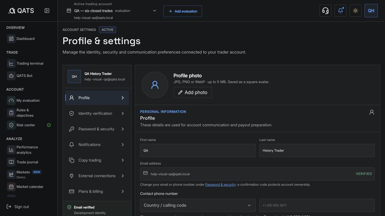 Update profile and security: QATS screenshot