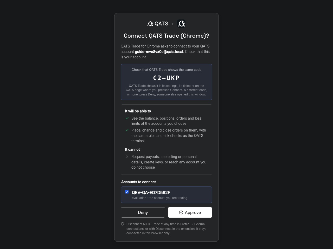 QATS window asking to connect QATS Trade, with the pairing code and Approve