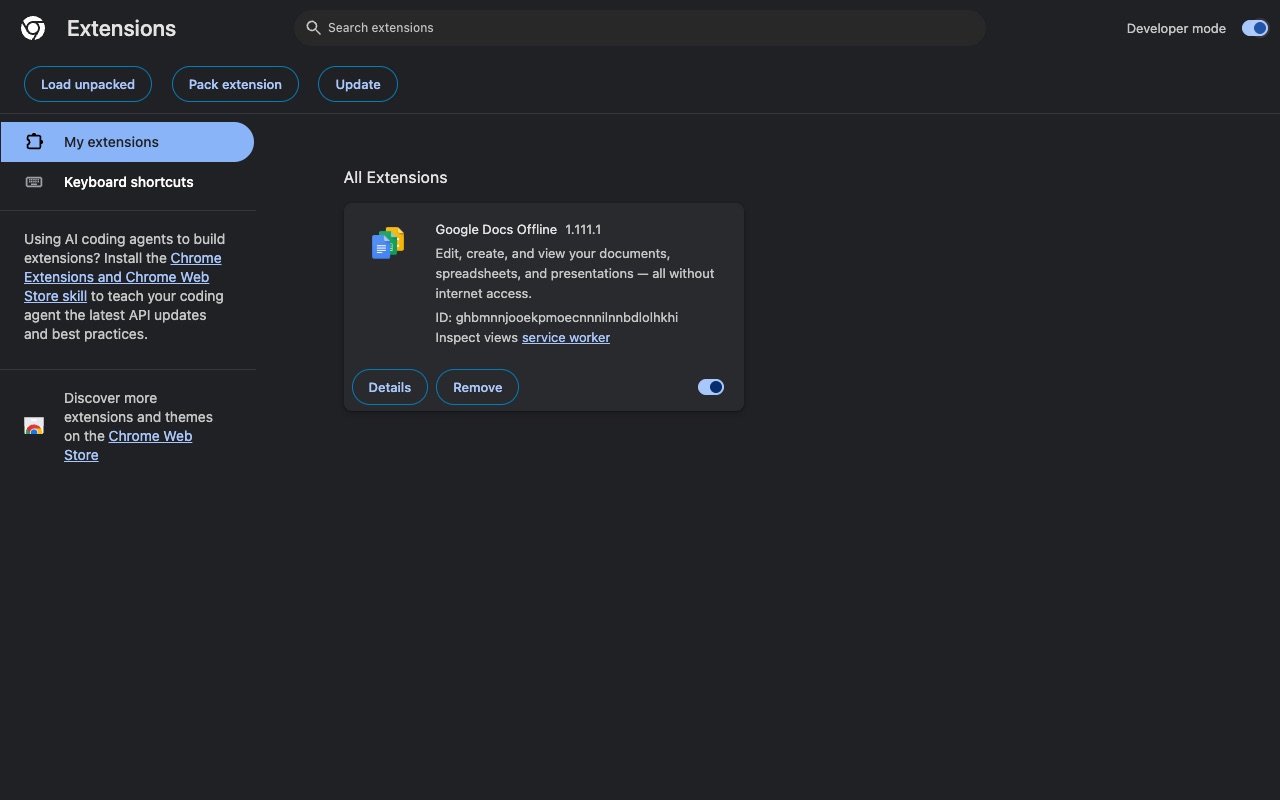 Chrome Extensions page with Developer mode turned on