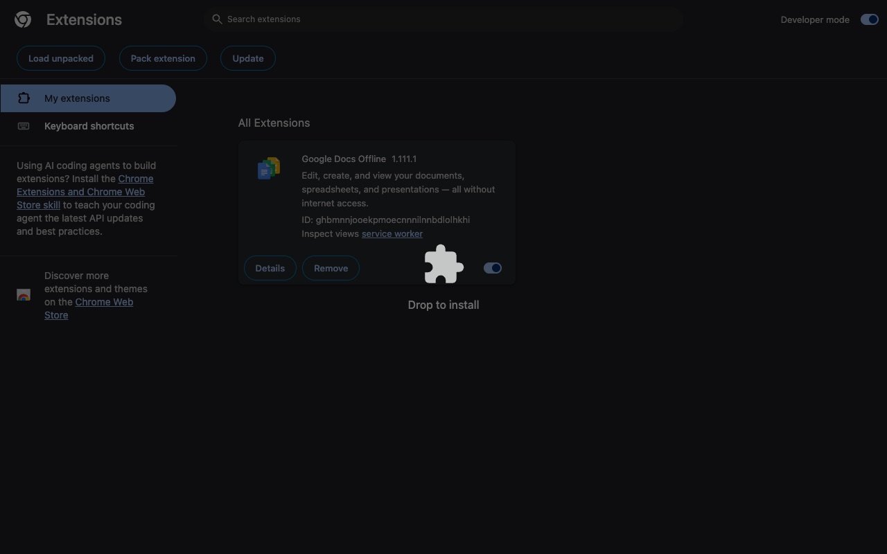 Chrome Extensions page showing Drop to install while the file is dragged over it