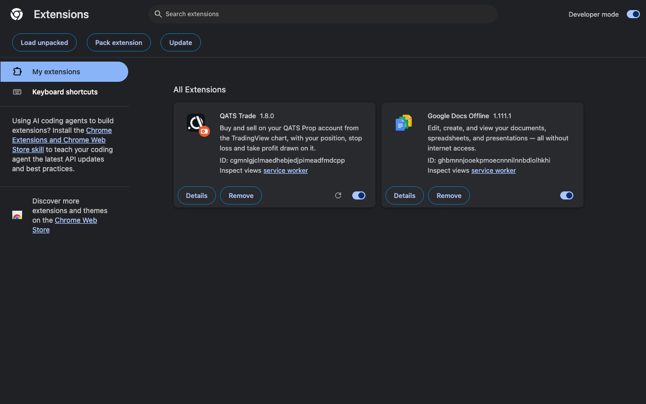Chrome Extensions page with QATS Trade 1.8.0 installed and switched on