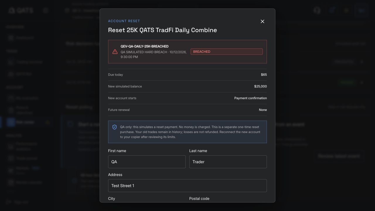 QATS reset dialog showing due today and replacement balance