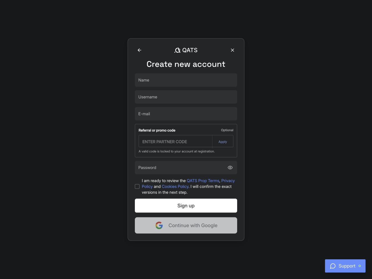 Create an account and sign in: QATS screenshot