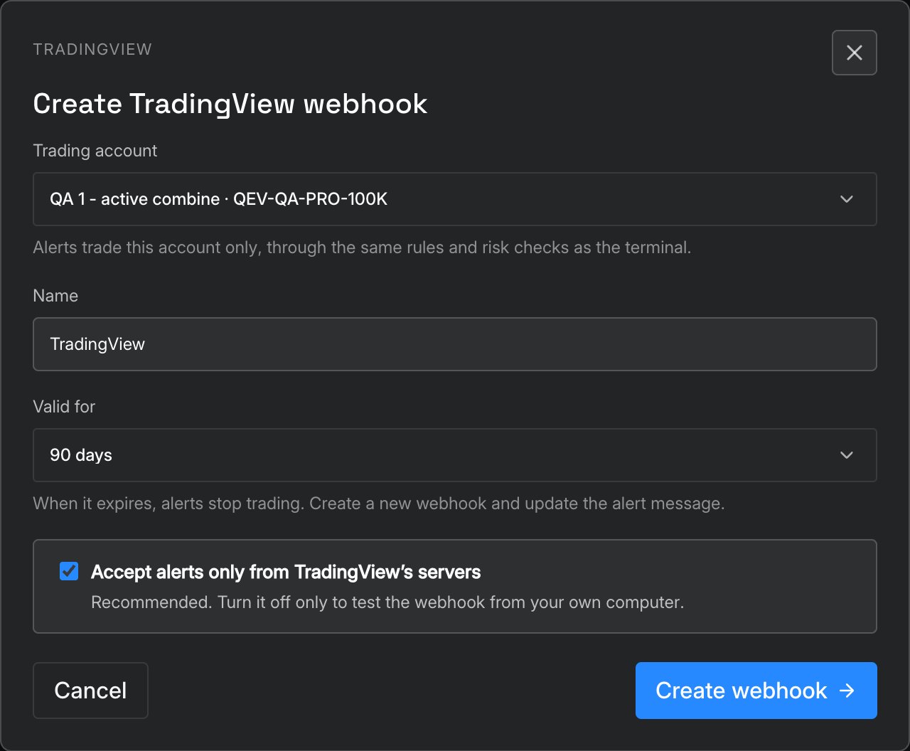 QATS Create TradingView webhook dialog