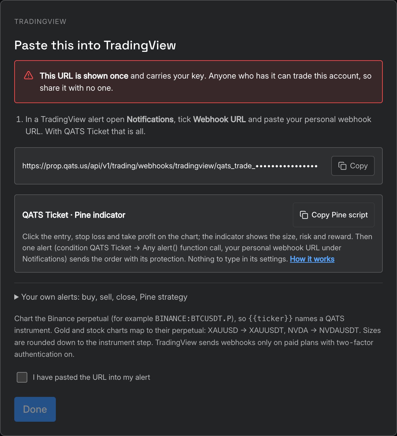 Your personal QATS webhook URL, shown once, with QATS Ticket and the messages for your own alerts
